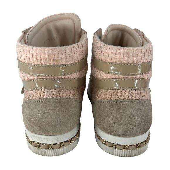 Chanel Tweed Patent High Top CC Chain Lace Up Sneakers in Pink Tan - Picture 12 of 16